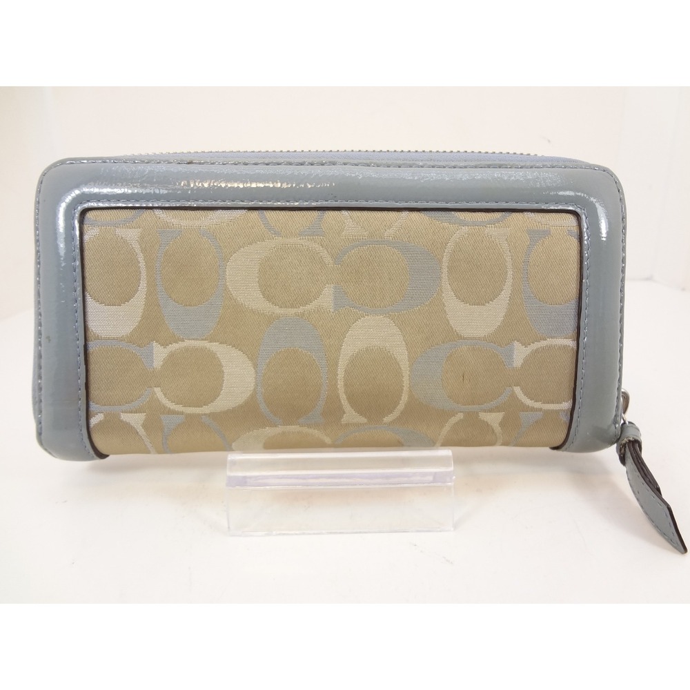 Coach Zip Around Women's Wallet Slate Blue Tan Good Signature Patent Trim